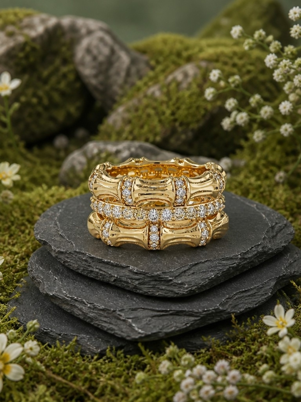 Gold Crystal-Accented Bamboo Stackable Ring Set - Women's Jewelry